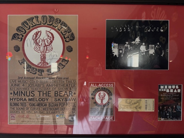 Framed 2011 Rocklobster Fest poster, all-access pass, and ticket stub from the Minus the Bear show at Josabi's Amphitheater