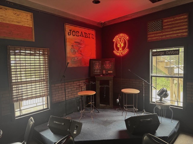 The Rocklobster neon sign inside the bar at Josabi's in Helotes, Texas